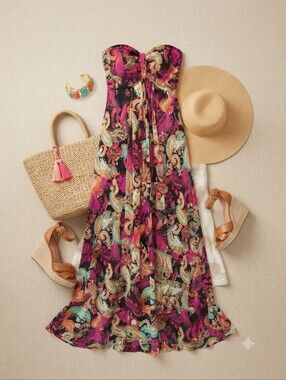 Studio Y Colorful Paisley Print Strapless Resort Wear Maxi Dress